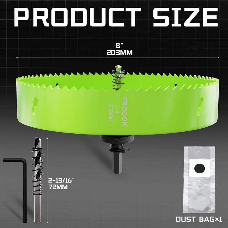 FROOOK 8'' (203mm) Bi-Metal Hole Saw with Arbor - Multi-Material Cutting Kit for Thin Iron, Wood & Drywall - High-Speed Steel Teeth with Smooth Cutting Edge,Fast Chip Removal &Bonus Dust-Proof Bag - Image 2